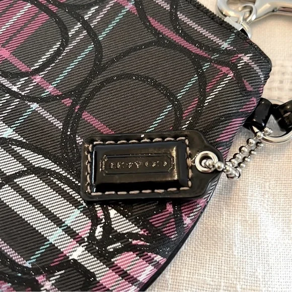 Coach Poppy Wristlet Tartan Plaid in Pink and Black with Stripes - Picture 3 of 5
